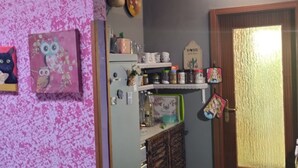 A kitchen with a refrigerator, shelves with jars, a wooden cabinet, and a door with a golden texture. - Apartment Dario Šolta (Solta)