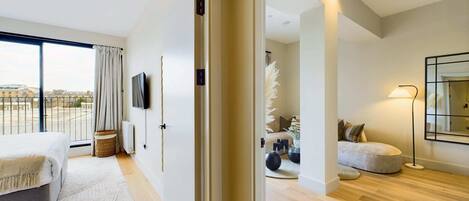 1 bedroom, desk, iron/ironing board, travel cot