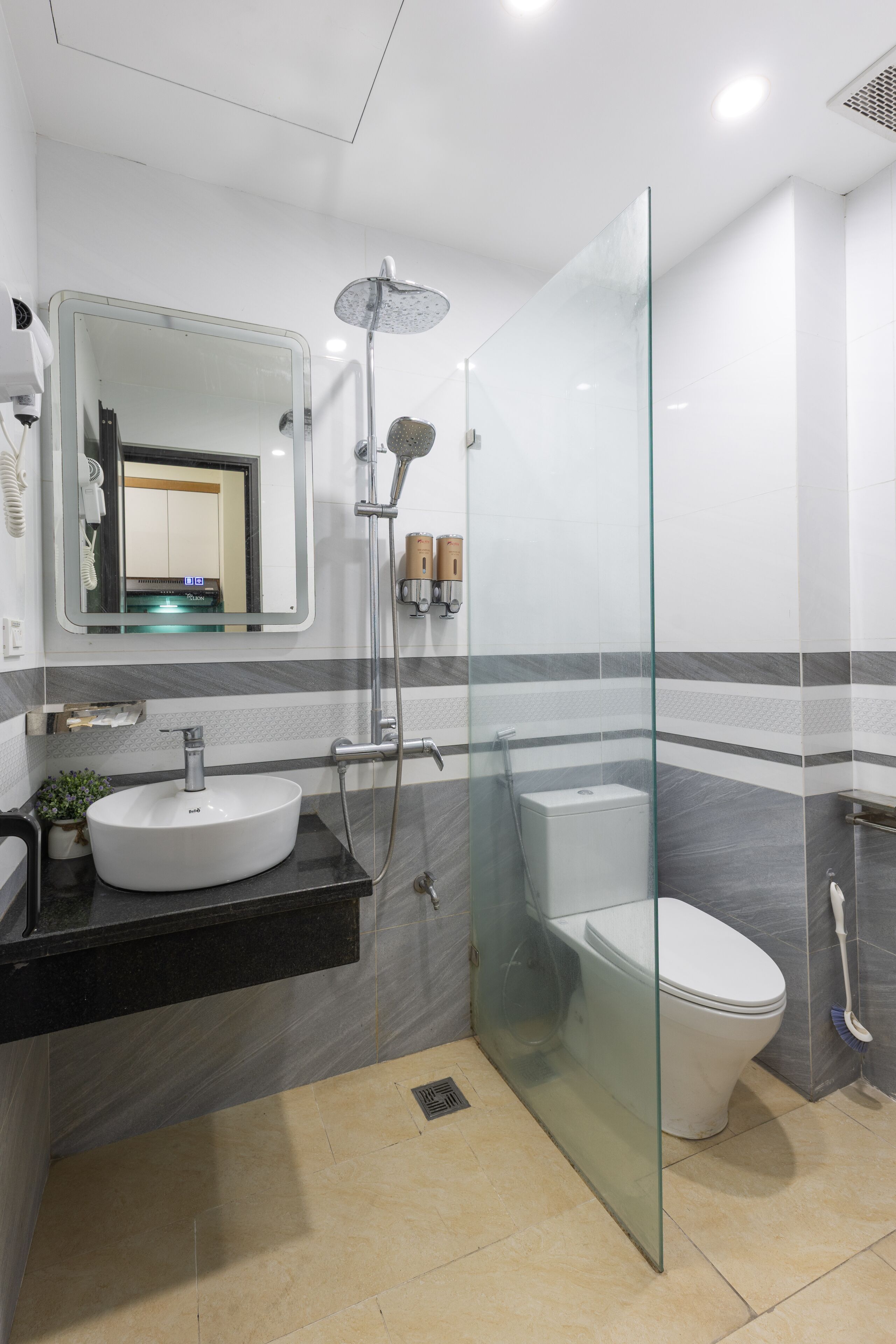 A modern bathroom with a glass-enclosed shower, a white sink, and a toilet.