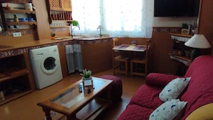Un espacio habitable compacto con lavadora, sofá, una mesita y televisor.