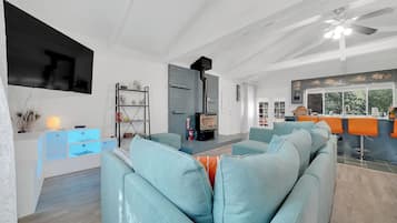 Smart TV, fireplace, books, computer monitors