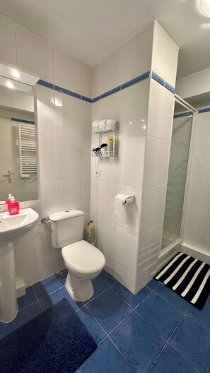 Douche, sèche-cheveux, savon, papier toilette