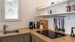 Une cuisine moderne équipée d’une cuisinière intégrée, d’un évier et d’un plan de travail en bois. Des étagères au-dessus du plan de travail servent à ranger les ustensiles de cuisine et les accessoires.