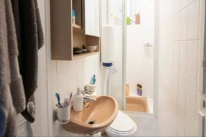 Bathroom features a sink, toilet, and shower area, with a shelf for toiletries and a towel.