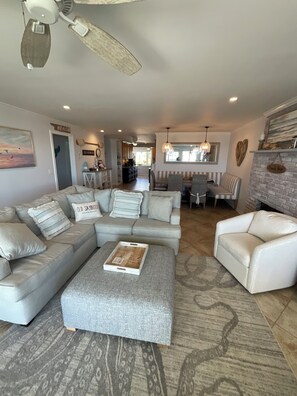 Smart TV, fireplace, books