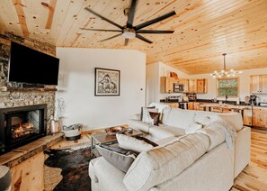 Smart TV, fireplace, books, computer monitors