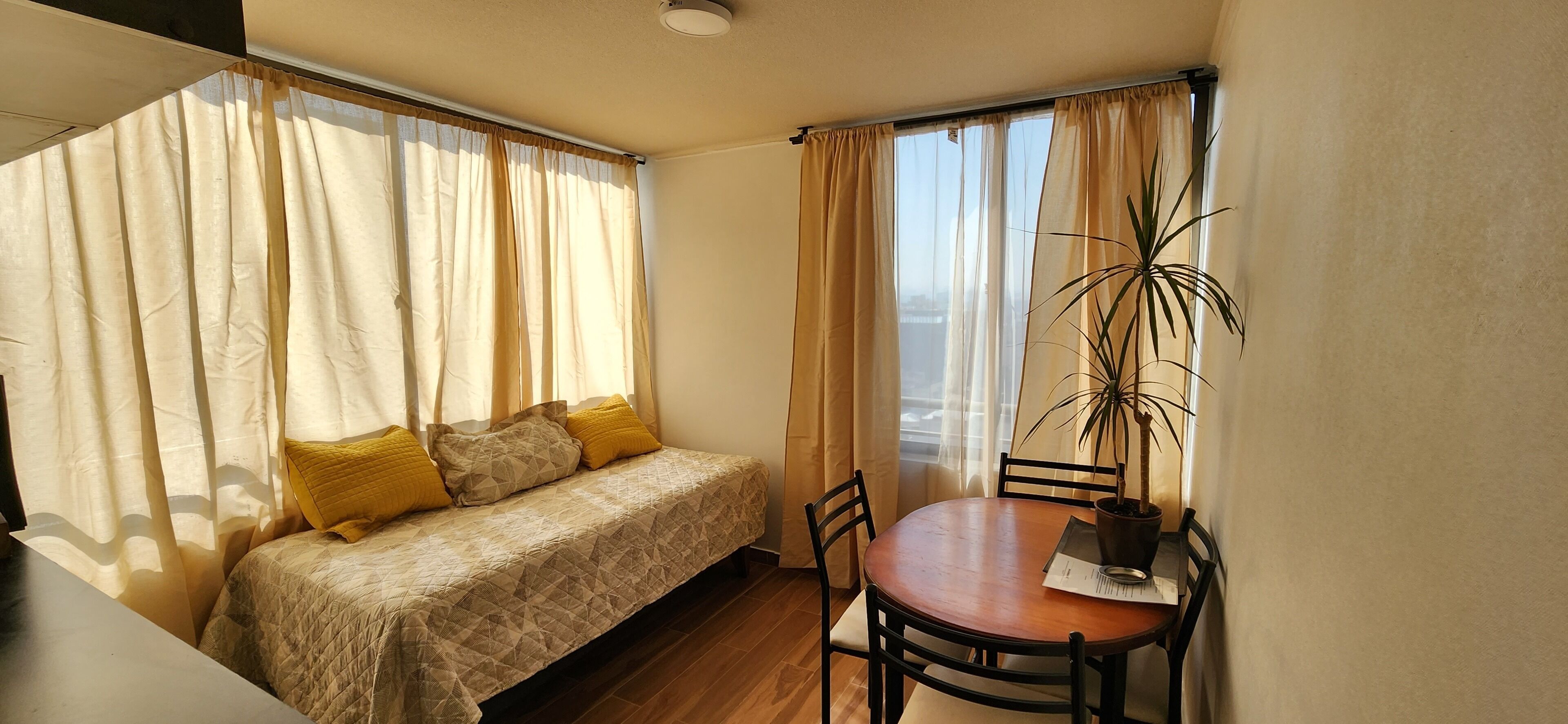 A bedroom with a bed, a table, chairs, a potted plant, and a window with curtains.