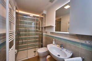 Shower, hair dryer, bidet, towels