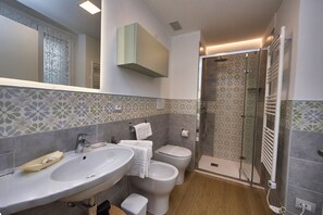 Shower, hair dryer, bidet, towels