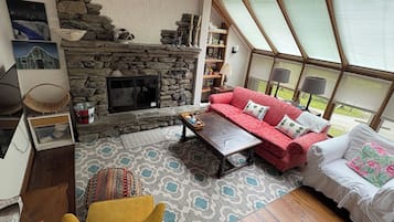 Smart TV, fireplace, books, printers