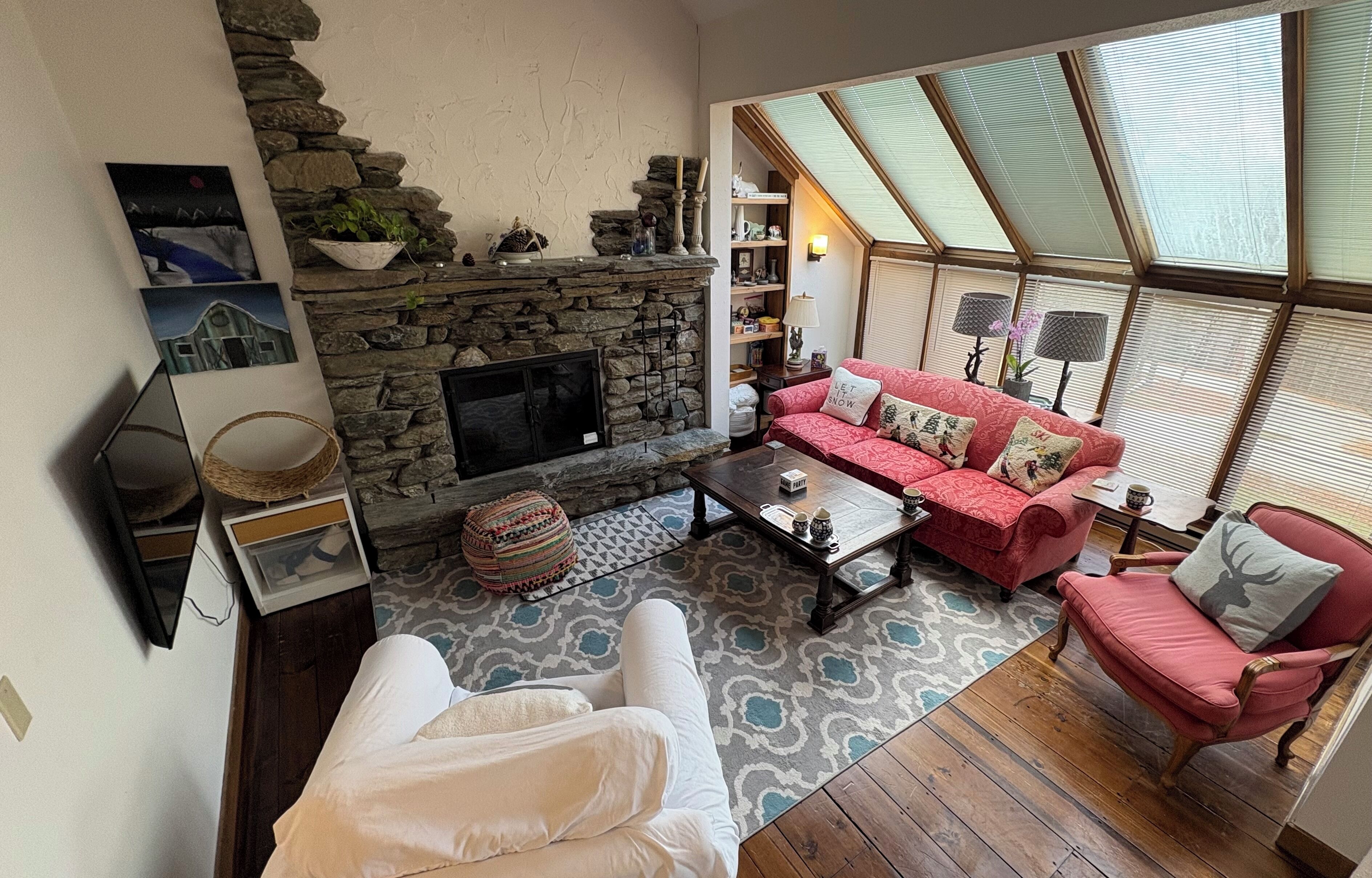 Smart TV, fireplace, books, printers