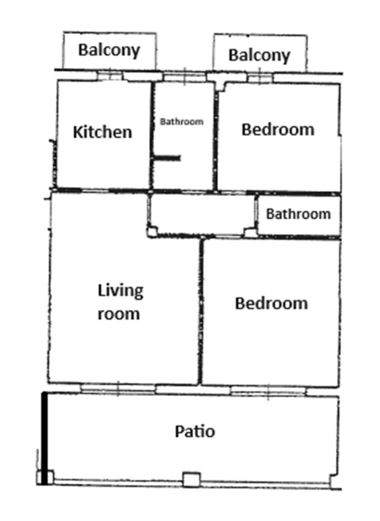 A floor plan with two balconies, a kitchen, two bathrooms, a living room, two bedrooms, and a patio.