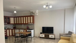 A modern apartment with a kitchen, dining area, and living room.