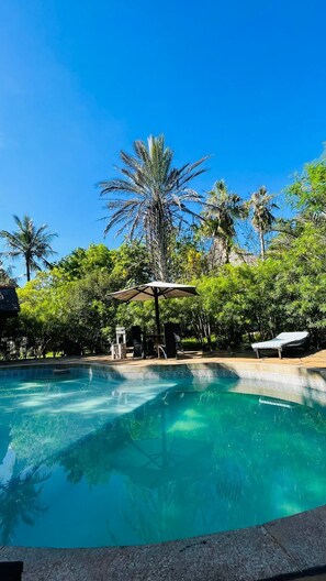 Piscina azul cristalina rodeada de exuberante follaje y palmeras, con una pérgola y sillones de descanso.