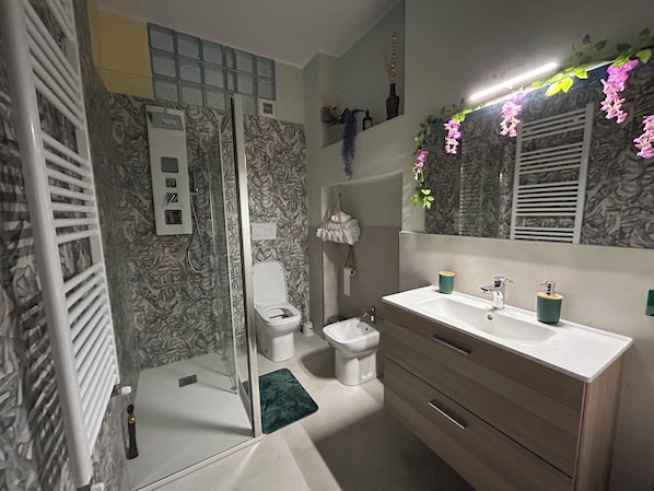 Dusche, Haartrockner, Bidet, Handtücher