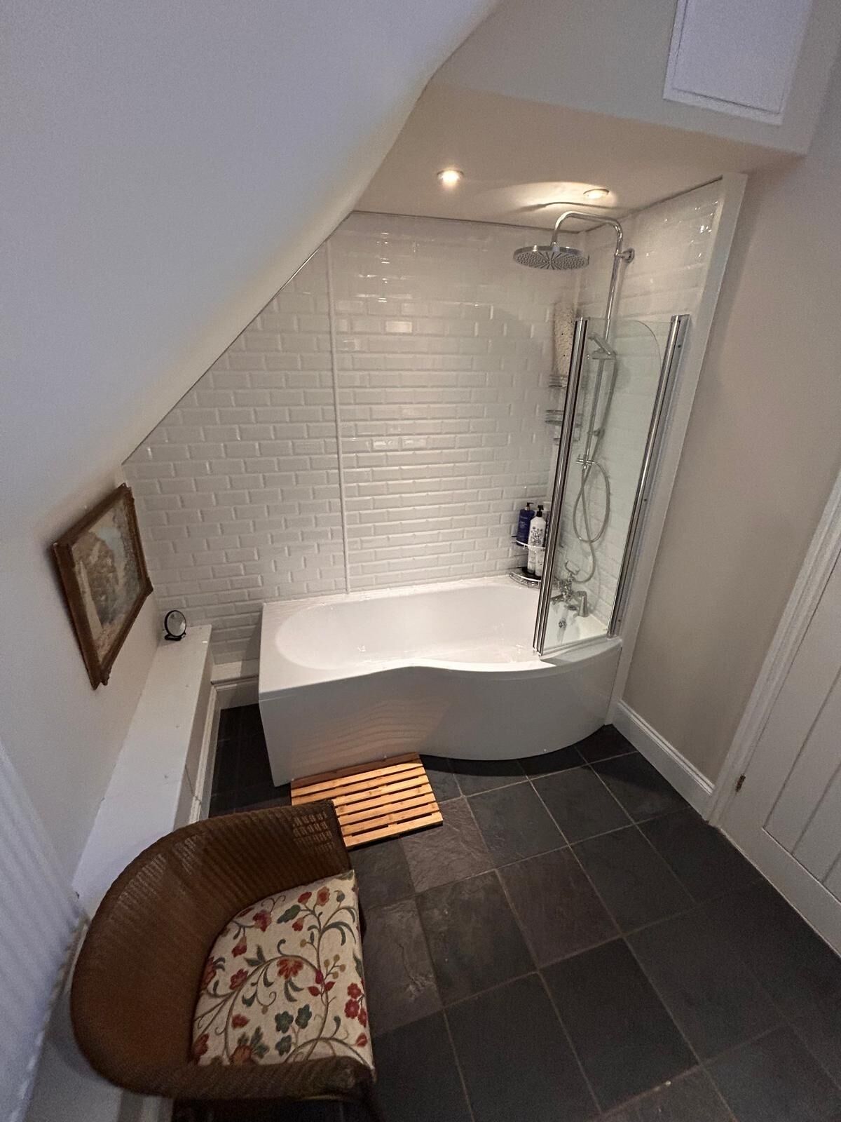 Hair dryer, towels, soap, shampoo