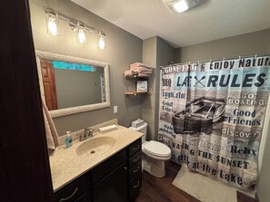 Hair dryer, towels, soap, shampoo