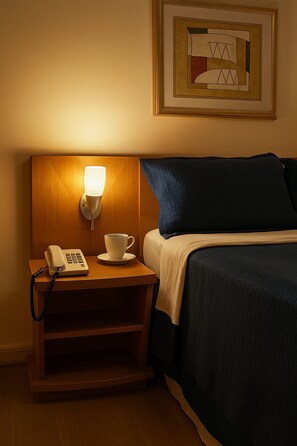A hotel room with a bed, a bedside table with a lamp, a phone, and a cup. - Elegance Suítes Jardins (São Paulo)