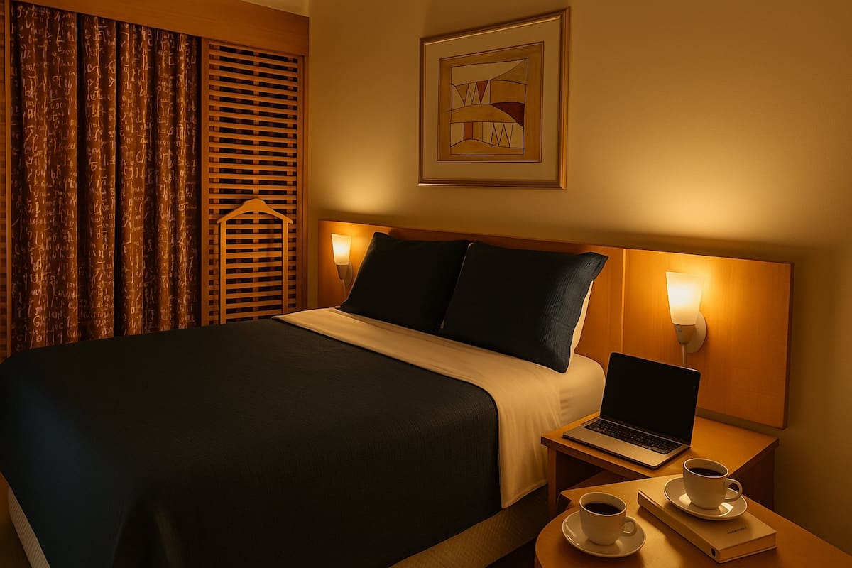 Une chambre d’hôtel avec un lit, un ordinateur portable et deux tasses de café sur une table de chevet.