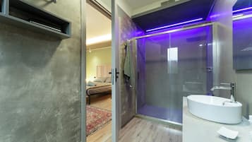 Shower, hair dryer, bidet, towels