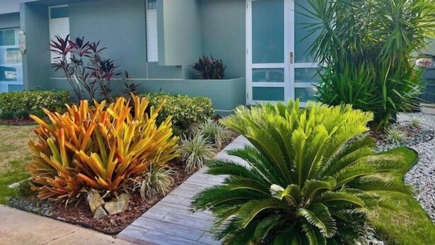 Une maison moderne avec un toit plat, de grandes fenêtres et un jardin bien entretenu où poussent différentes espèces de plantes.