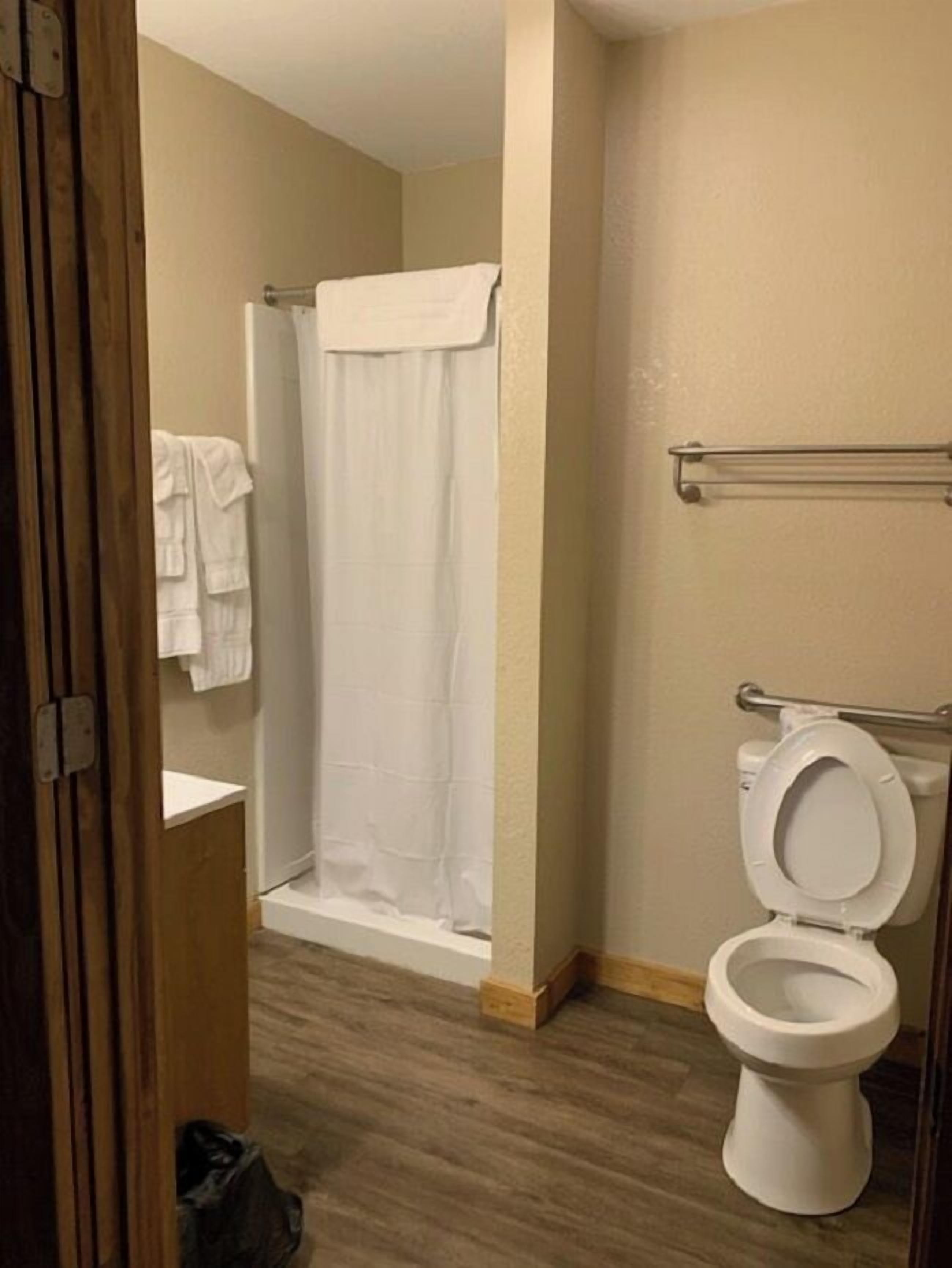 A bathroom with a shower, toilet, and a towel rack.