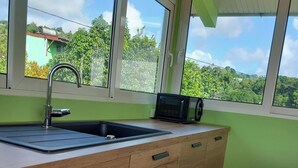 A kitchen with a built-in sink, wooden cabinets, and a window overlooking a green landscape. - Atypical cottage ideally located for visiting the whole of Martinique.  (Rivière-Salée)