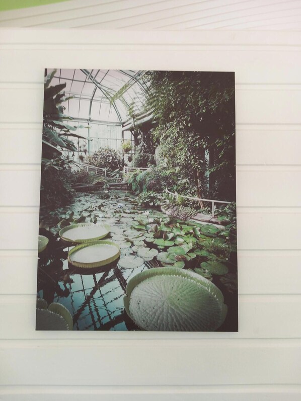 A greenhouse with a glass ceiling, water lilies, and various plants.