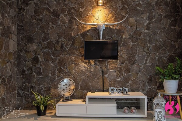 Una sala de estar moderna con pared de piedra, un televisor montado, un mueble blanco para entretenimiento y objetos decorativos, incluyendo un globo terráqueo y una planta en maceta.