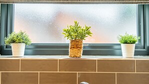 A window with three potted plants on a tiled ledge. - Garden View - sleeps 6 guests  in 2 bedrooms (York)