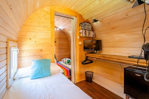A cozy room with a bed, a television, and a heater.