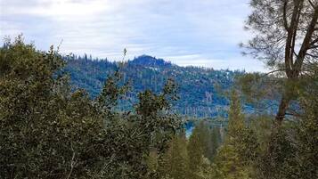 A mountainous landscape with dense forest and a clear sky.