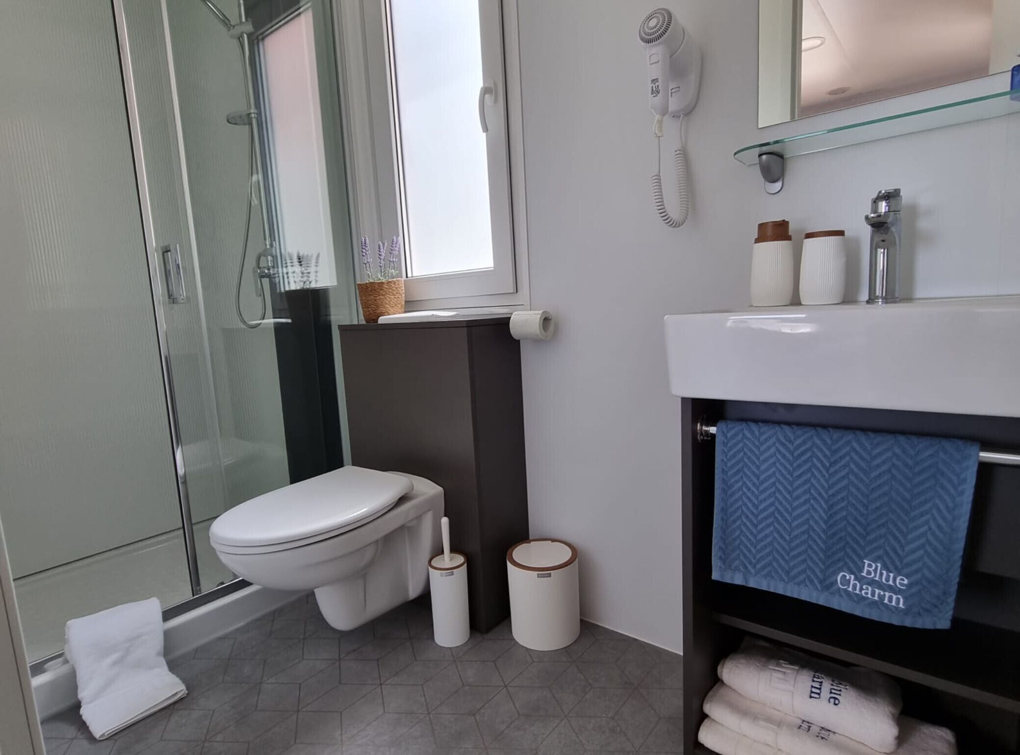 A modern bathroom with a glass shower enclosure, a toilet, a sink with a mirror, and a blue towel rack labeled "Blue Charm".
