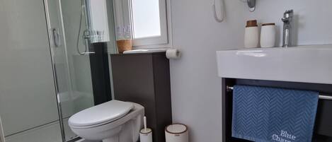 A modern bathroom with a glass shower enclosure, a toilet, a sink with a mirror, and a blue towel rack labeled "Blue Charm".