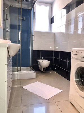 Shower, hair dryer, towels