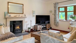 Una sala de estar con chimenea, televisor y un amplio ventanal con cortinas.