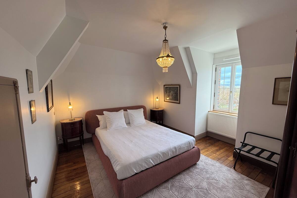 A bedroom with a large bed, a chandelier, a window with a view, and a radiator.