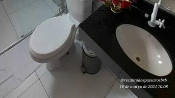 Shower, towels, soap, toilet paper