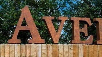 Een bord met de woorden 'THE AVENUE' in grote, verroeste metalen letters bevestigd aan een stenen muur.