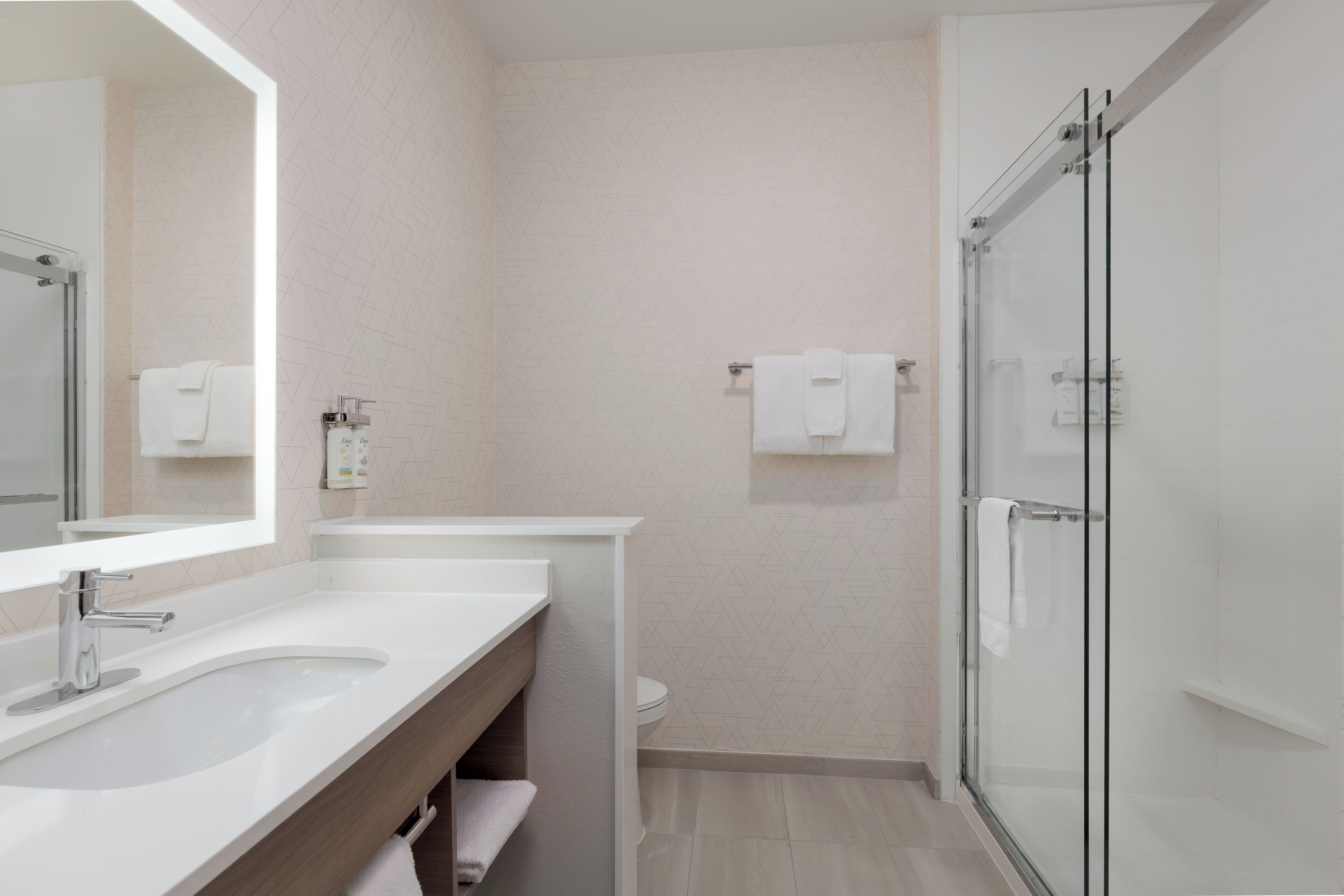 Un bagno moderno con un ampio specchio, un lavandino, un water e una cabina doccia in vetro.