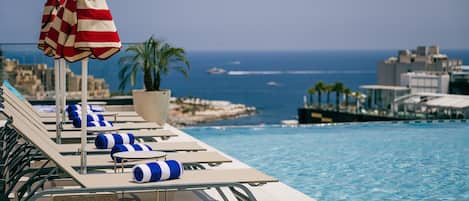 Outdoor pool, pool umbrellas, pool loungers