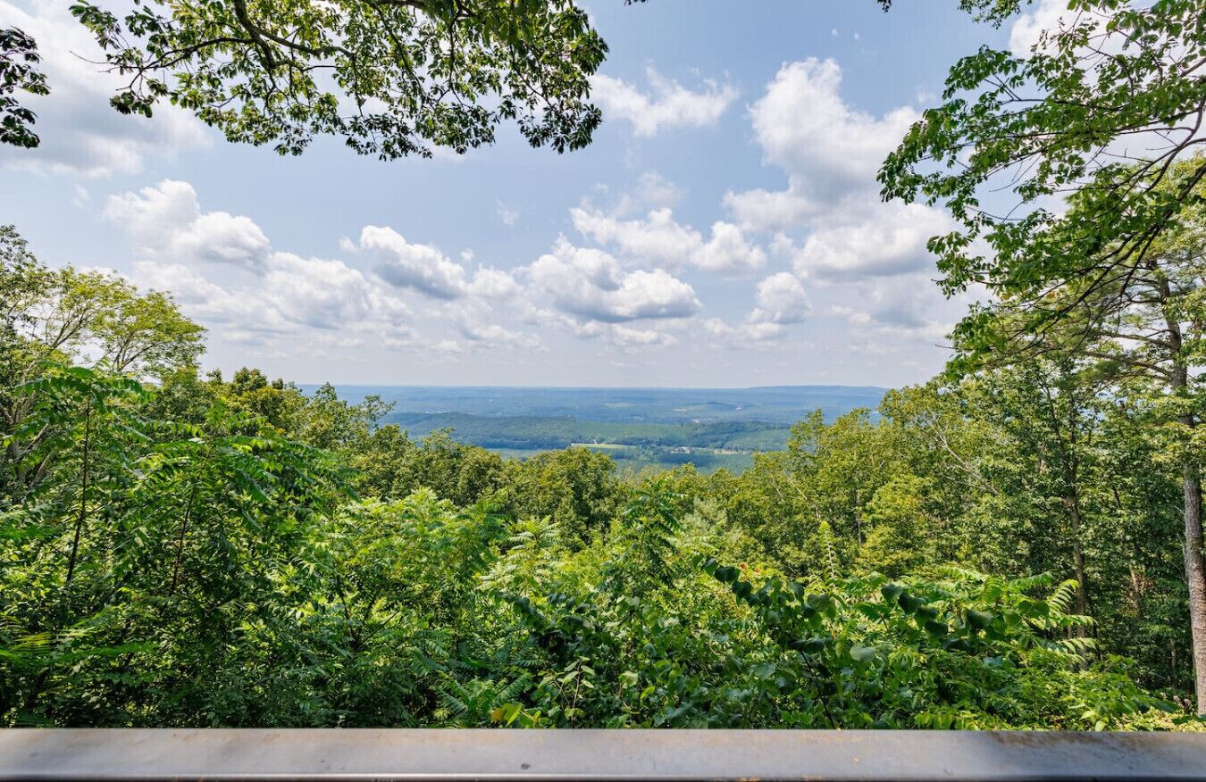 A lush, green landscape with dense foliage and a clear sky.
