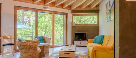 Télévision, cheminée, lecteur de DVD