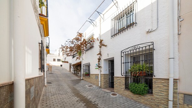 Una estrecha calle adoquinada bordeada por edificios con rejas y plantas en macetas.