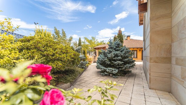 A garden pathway leading to a building with a tiled floor and a small tree.