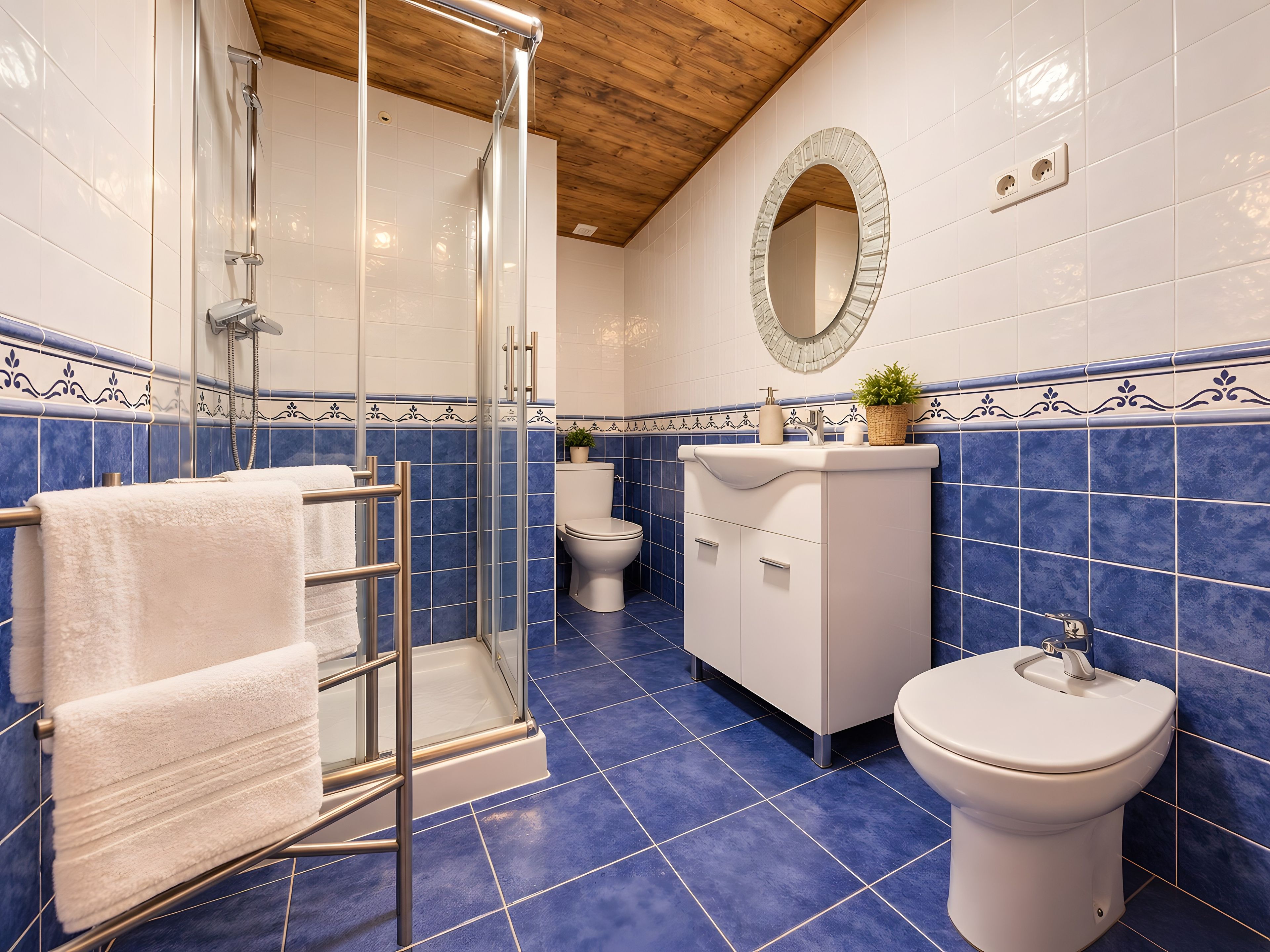 Un baño con cabina de ducha de vidrio, inodoro blanco y lavabo con espejo arriba.