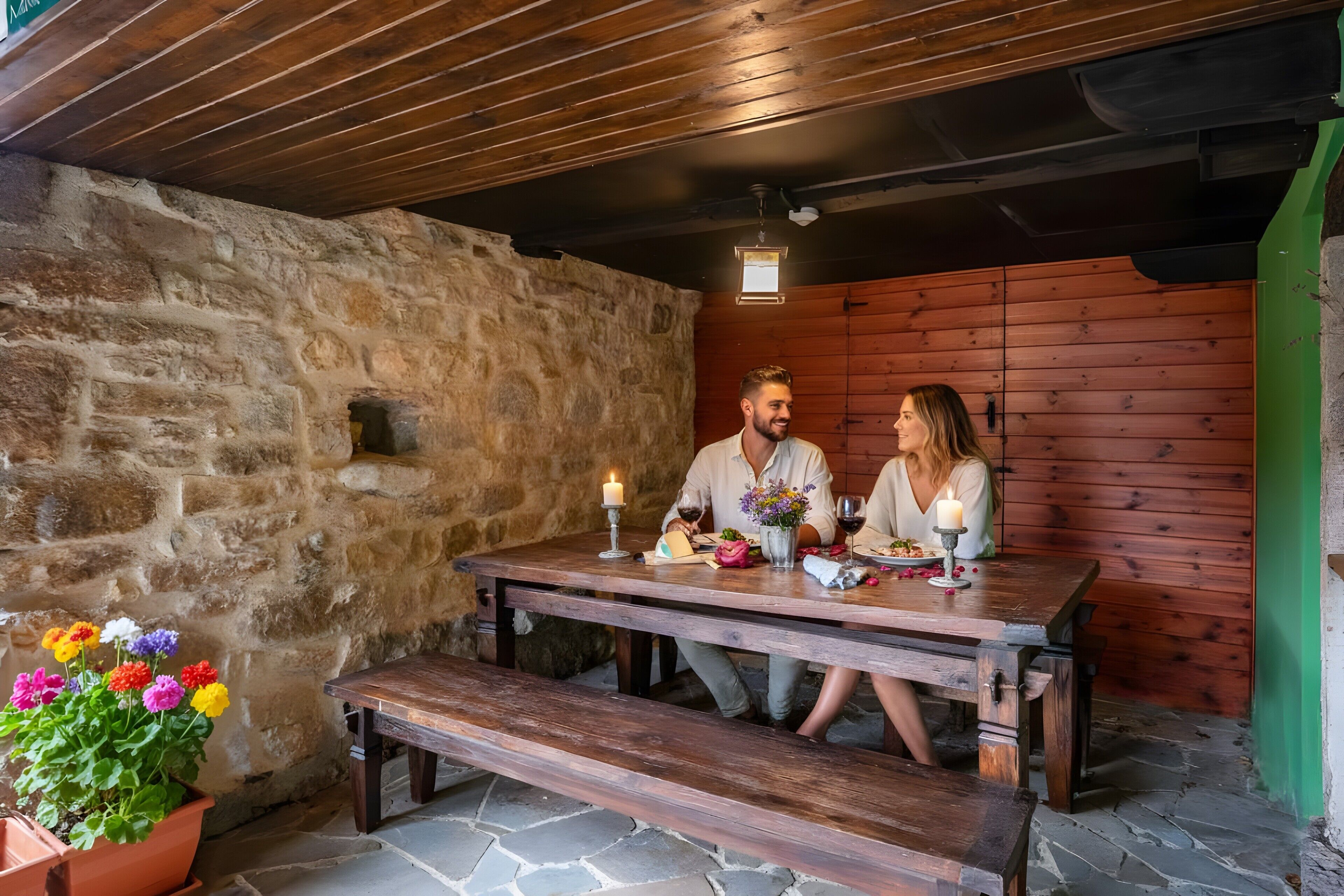 Un mur en pierre, un plafond en bois et une table en bois décorée de bougies et de fleurs.
