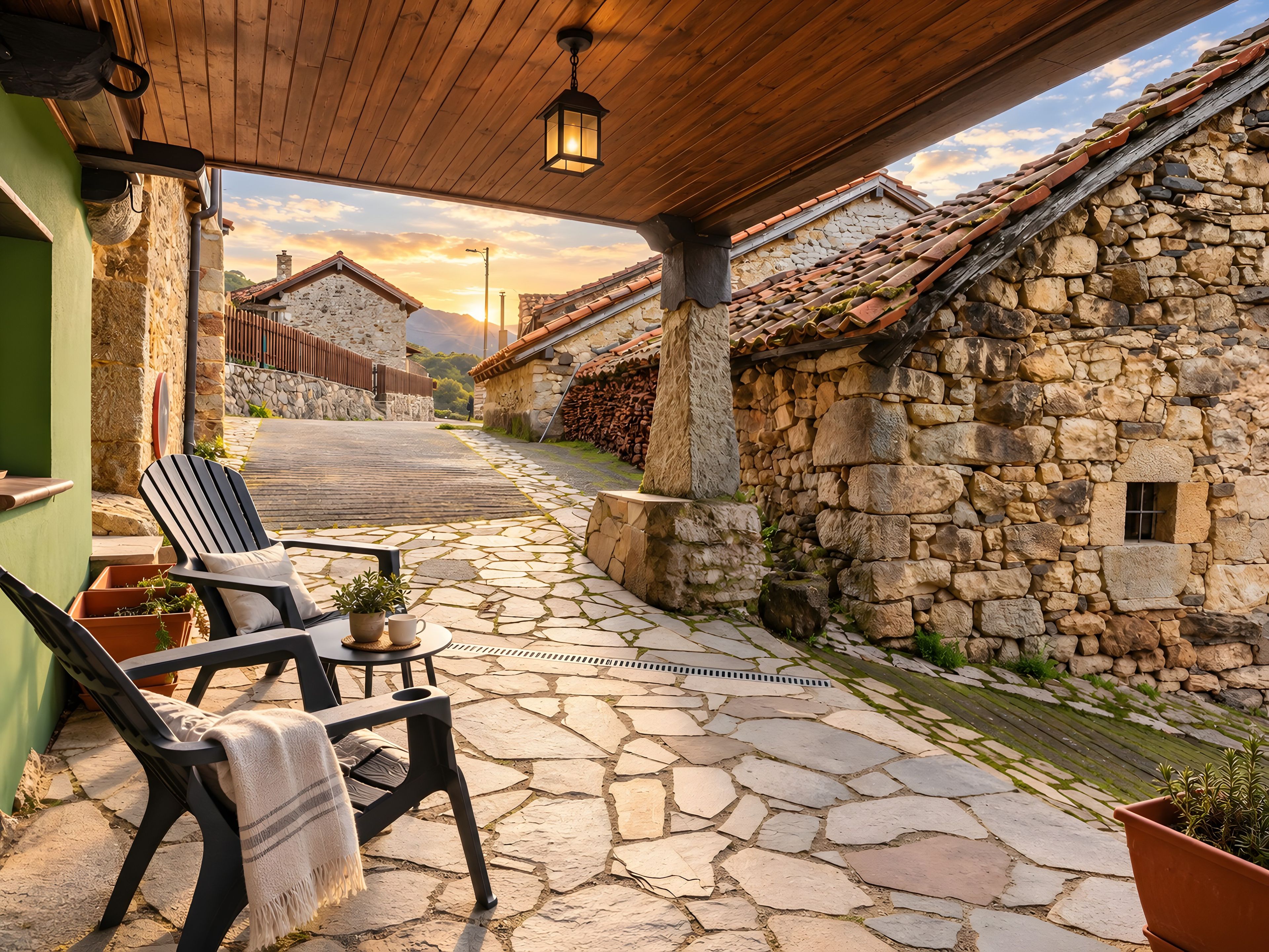 A stone patio with a wooden ceiling, a black chair, a small table, and a potted plant.