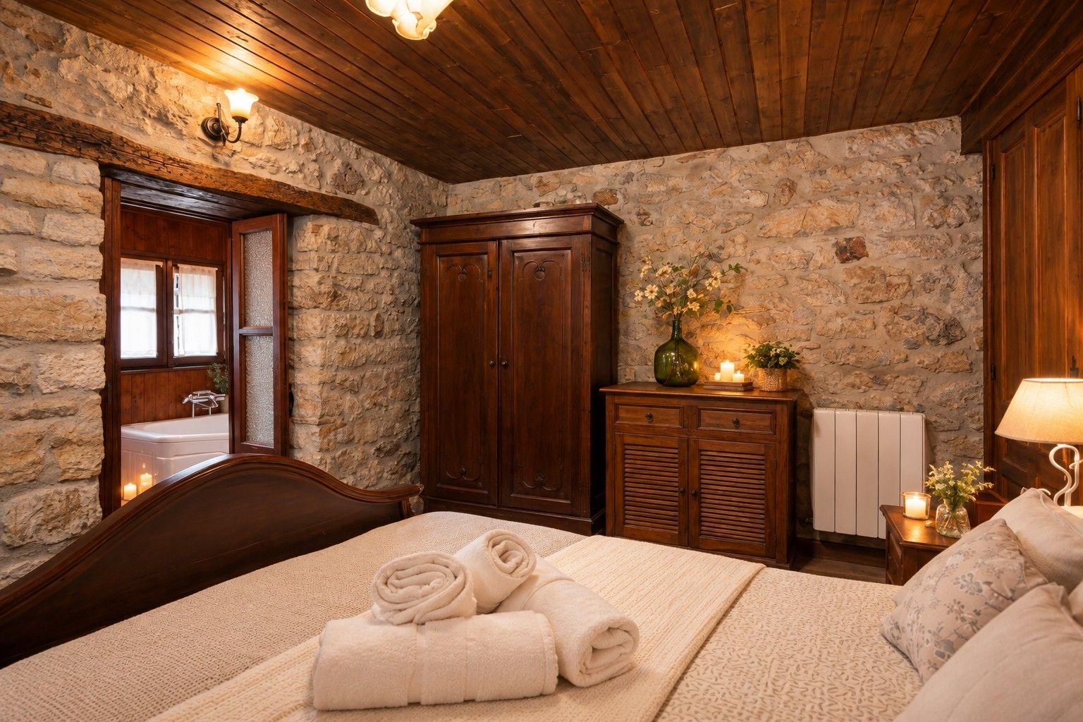 A bedroom with a stone wall, wooden ceiling, a bed with rolled towels, a wooden wardrobe, and a nightstand with a lamp.