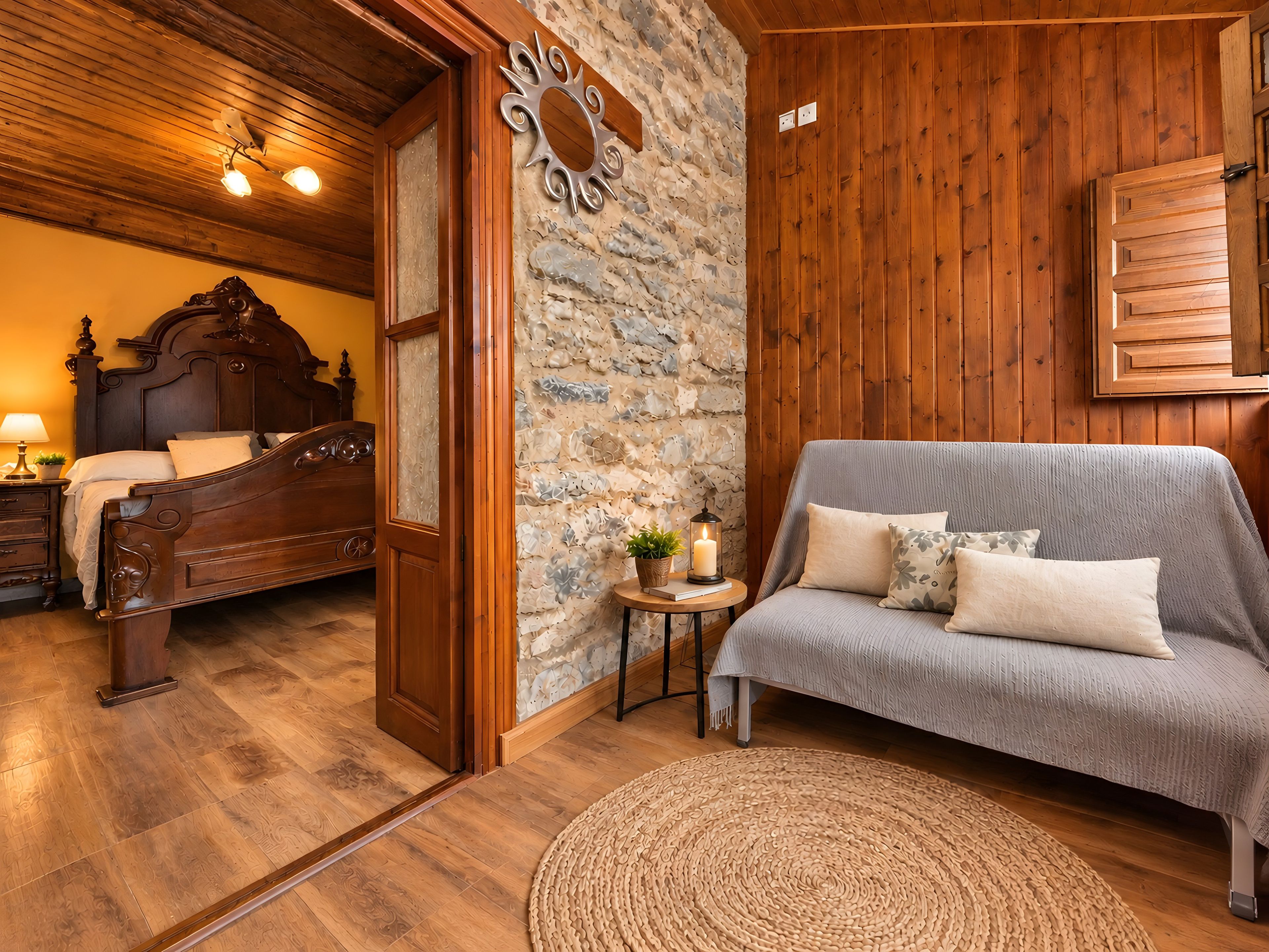 A wooden-floored bedroom with a bed, a sofa, a stone wall, and a wooden ceiling.